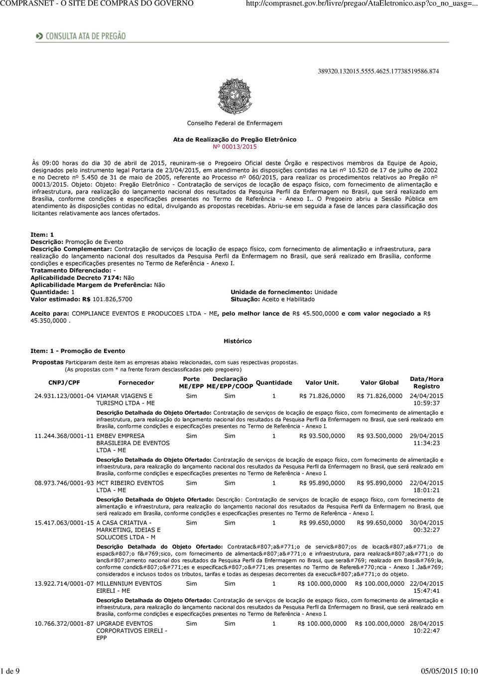 Equipe de Apoio, designados pelo instrumento legal Portaria de 23/04/2015, em atendimento às disposições contidas na Lei nº 10.520 de 17 de julho de 2002 e no Decreto nº 5.