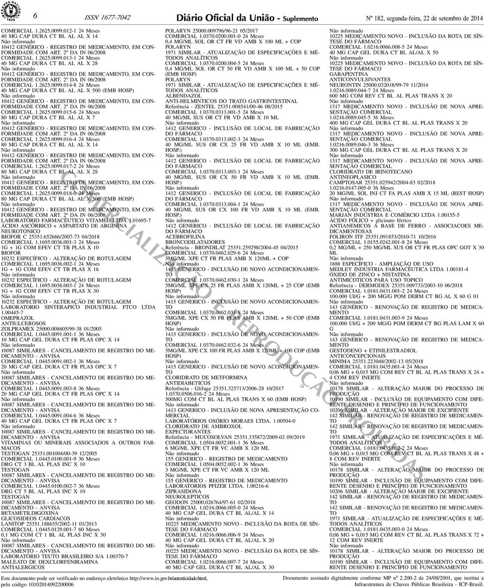 40 MG CAP DURA CT BL AL AL X 500 (EMB HOSP) 10412 GENÉRICO - REGISTRO DE MEDICAMENTO, EM CON- FORMIDADE COM ART 2º DA IN 06/2008 COMERCIAL 126250099015-6 24 Meses 80 MG CAP DURA CT BL AL AL X 7 10412