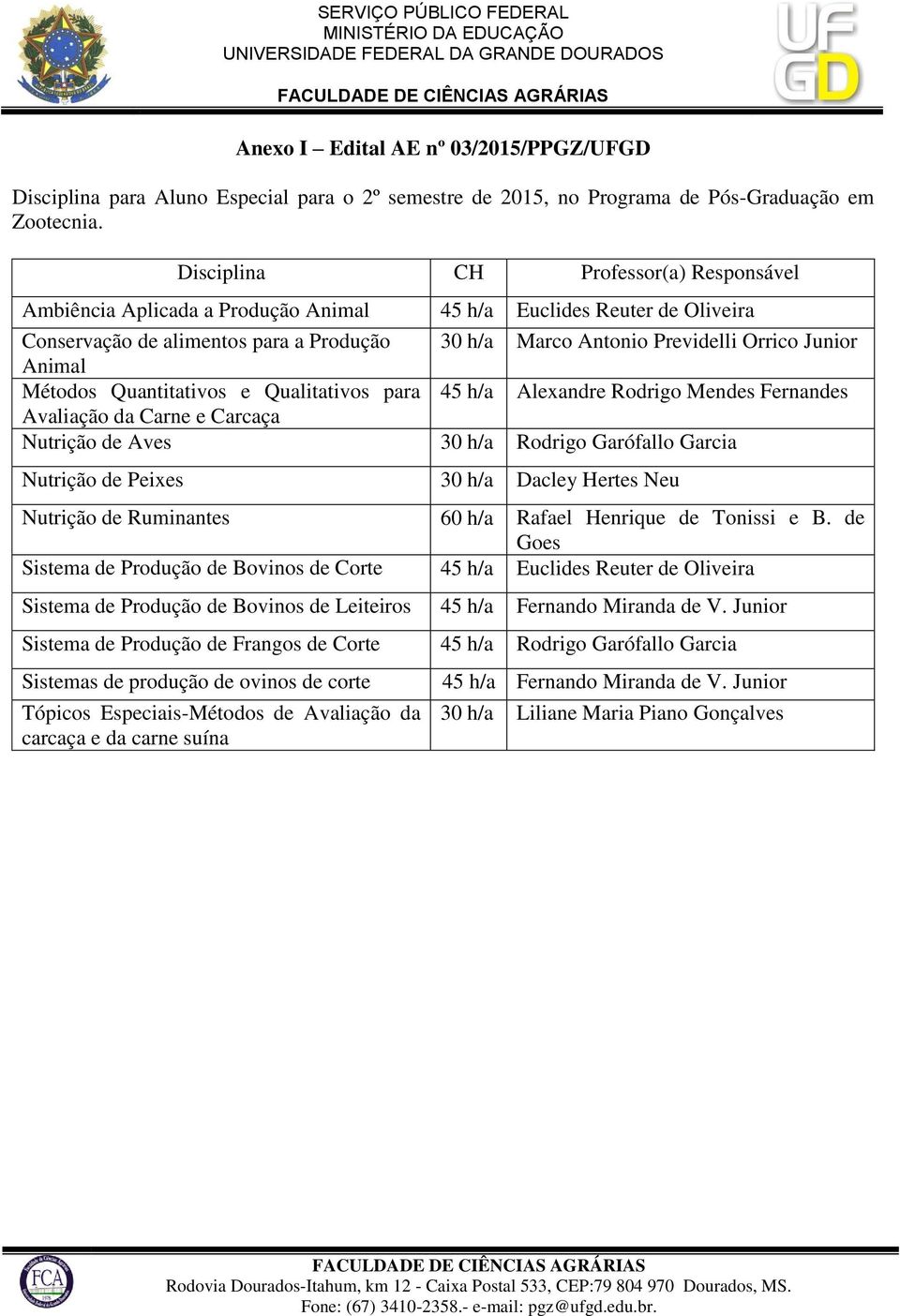 e Qualitativos para 45 h/a Alexandre Rodrigo Mens Fernans Avaliação da Carne e Carcaça Nutrição Aves 30 h/a Rodrigo Garófallo Garcia Nutrição Peixes 30 h/a Dacley Hertes Neu Nutrição Ruminantes 60