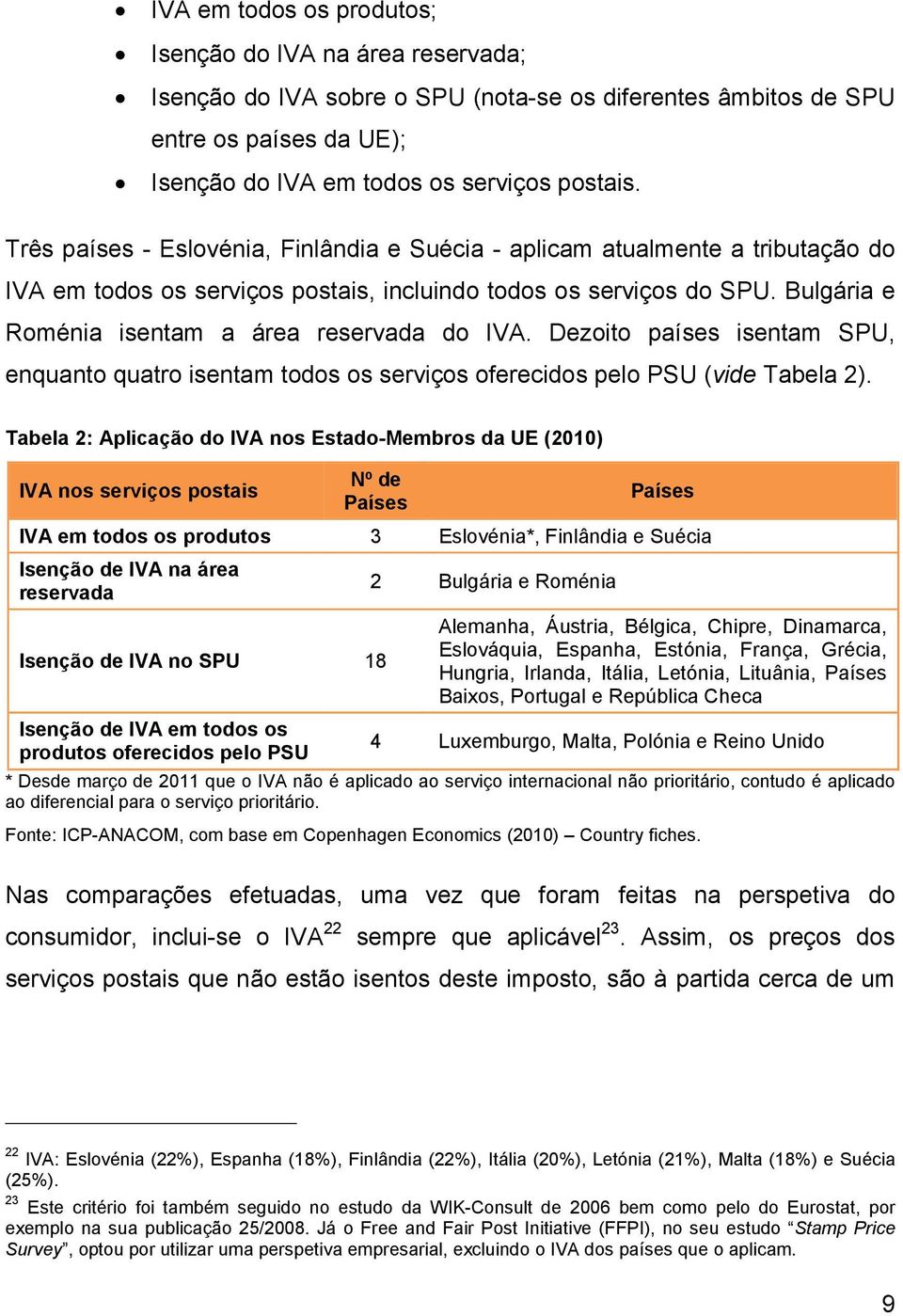 Bulgária e Roménia isentam a área reservada do IVA. Dezoito países isentam SPU, enquanto quatro isentam todos os serviços oferecidos pelo PSU (vide Tabela 2).