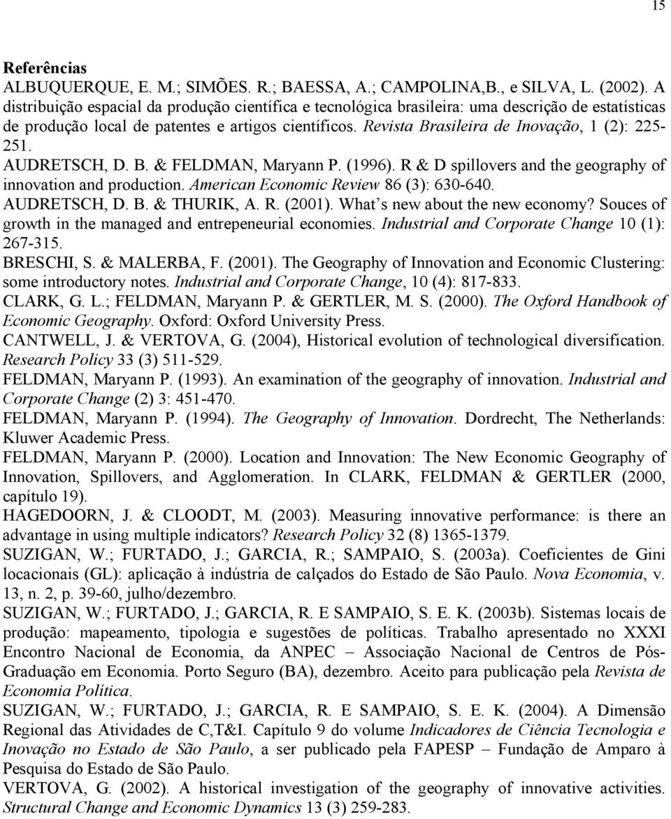 Revista Brasileira de Inovação, 1 (2): 225-251. AUDRETSCH, D. B. & FELDMAN, Maryann P. (1996). R & D spillovers and the geography of innovation and production.