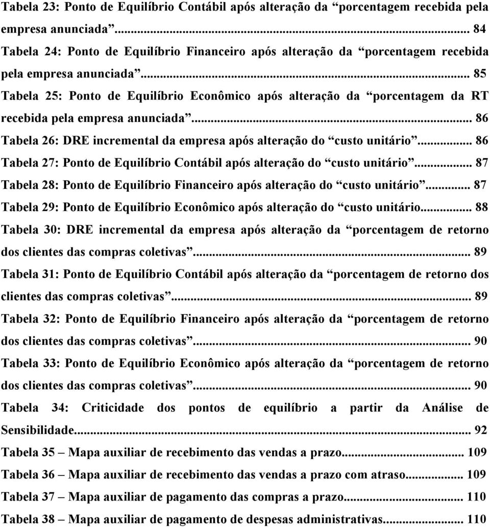 .. 85 Tabela 25: Ponto de Equilíbrio Econômico após alteração da porcentagem da RT recebida pela empresa anunciada... 86 Tabela 26: DRE incremental da empresa após alteração do custo unitário.