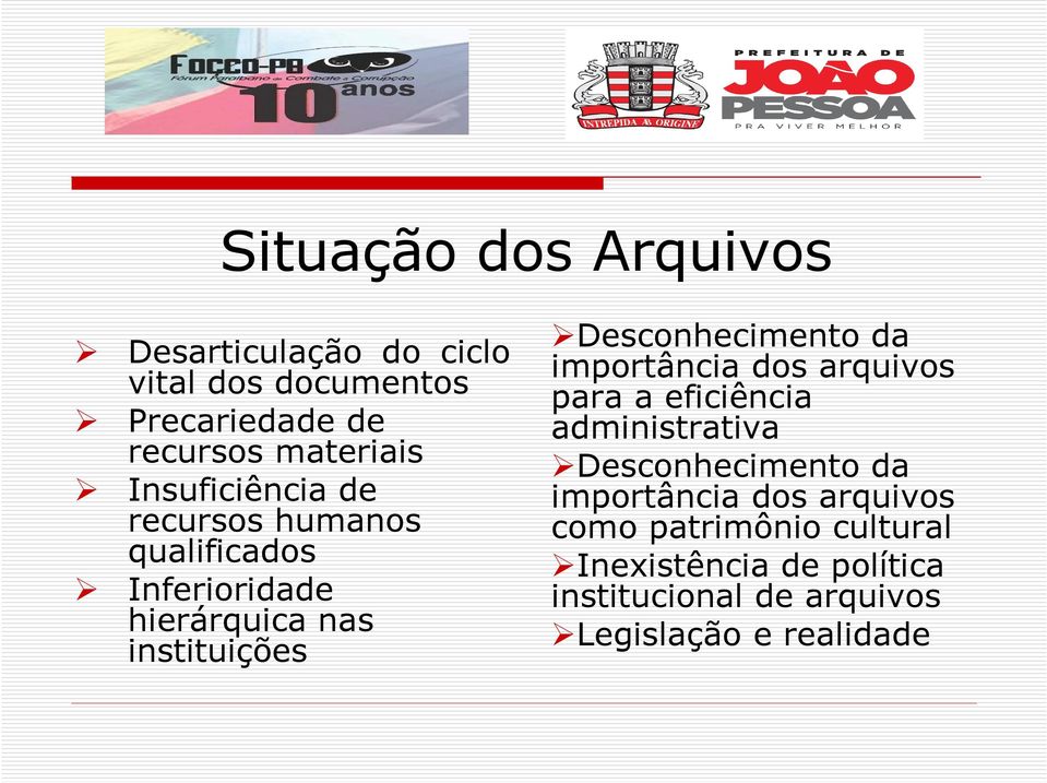 Desconhecimento da importância dos arquivos para a eficiência administrativa Desconhecimento da