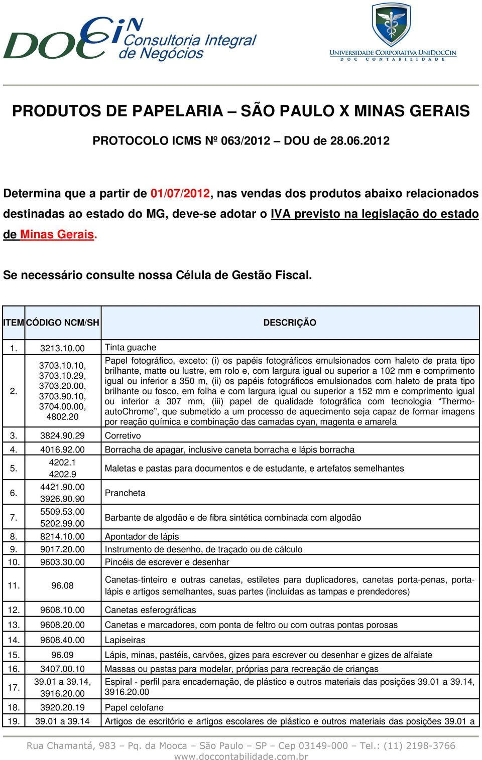 2012 Determina que a partir de 01/07/2012, nas vendas dos produtos abaixo relacionados destinadas ao estado do MG, deve-se adotar o IVA previsto na legislação do estado de Minas Gerais.