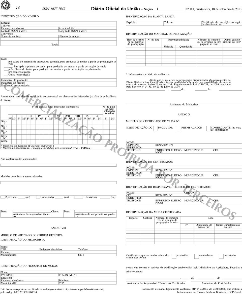 de estrutura do material de propagação Nº do lote Representatividade Número do subcultivo, se oriundo de prorísticas do lote* Outras caractepagação in vitro Unidade Quantidade Fase: pré-coleta do