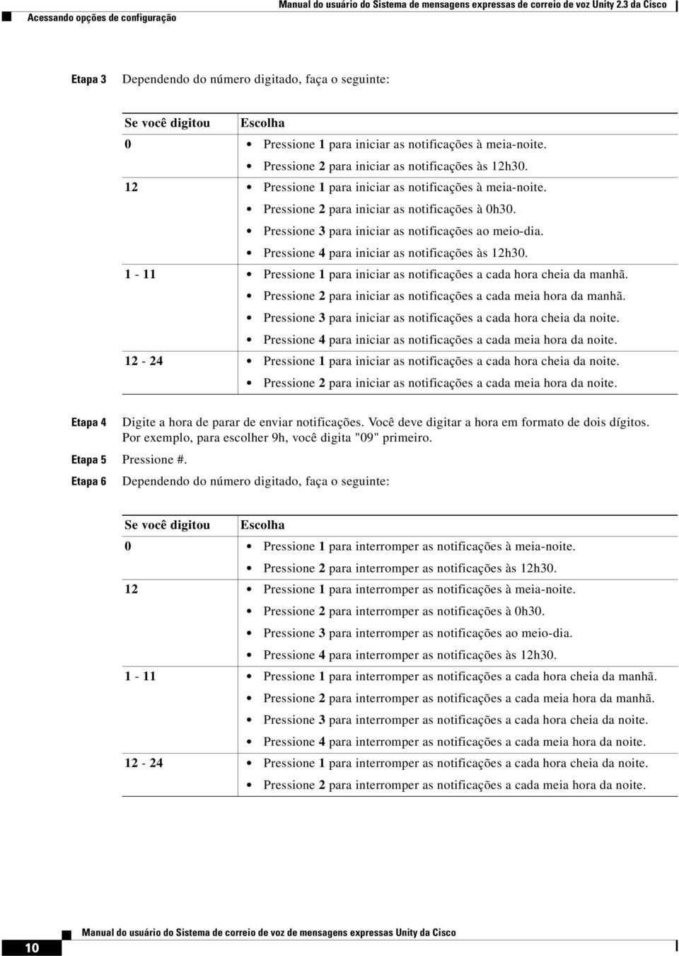 12 Pressione 1 para iniciar as notificações à meia-noite. Pressione 2 para iniciar as notificações à 0h30. Pressione 3 para iniciar as notificações ao meio-dia.