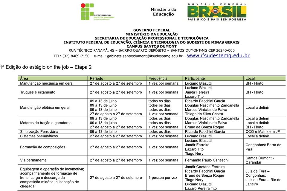 dias Marcus Vinícius de Paiva Local a definir 27 de agosto a 27 de setembro 1 vez por semana Thiago da Silva Castro Motores de tração e geradores 27 de agosto a 27 de setembro todos os dias todos os