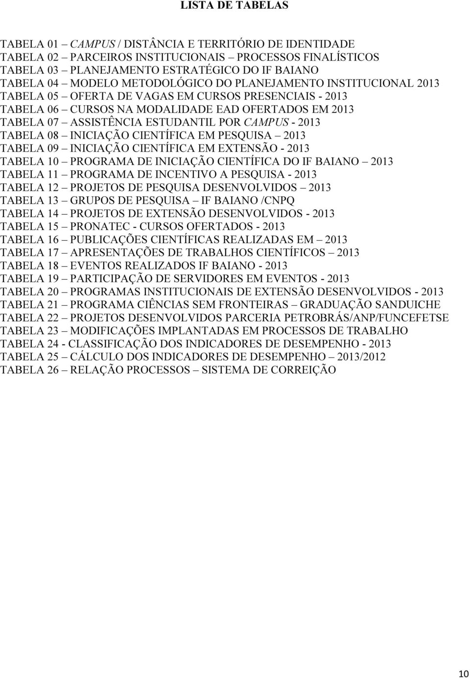 - 2013 TABELA 08 INICIAÇÃO CIENTÍFICA EM PESQUISA 2013 TABELA 09 INICIAÇÃO CIENTÍFICA EM EXTENSÃO - 2013 TABELA 10 PROGRAMA DE INICIAÇÃO CIENTÍFICA DO IF BAIANO 2013 TABELA 11 PROGRAMA DE INCENTIVO A