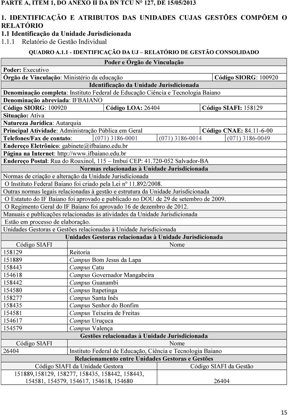 Jurisdicionada Denominação completa: Instituto Federal de Educação Ciência e Tecnologia Baiano Denominação abreviada: IFBAIANO Código SIORG: 100920 Código LOA: 26404 Código SIAFI: 158129 Situação: