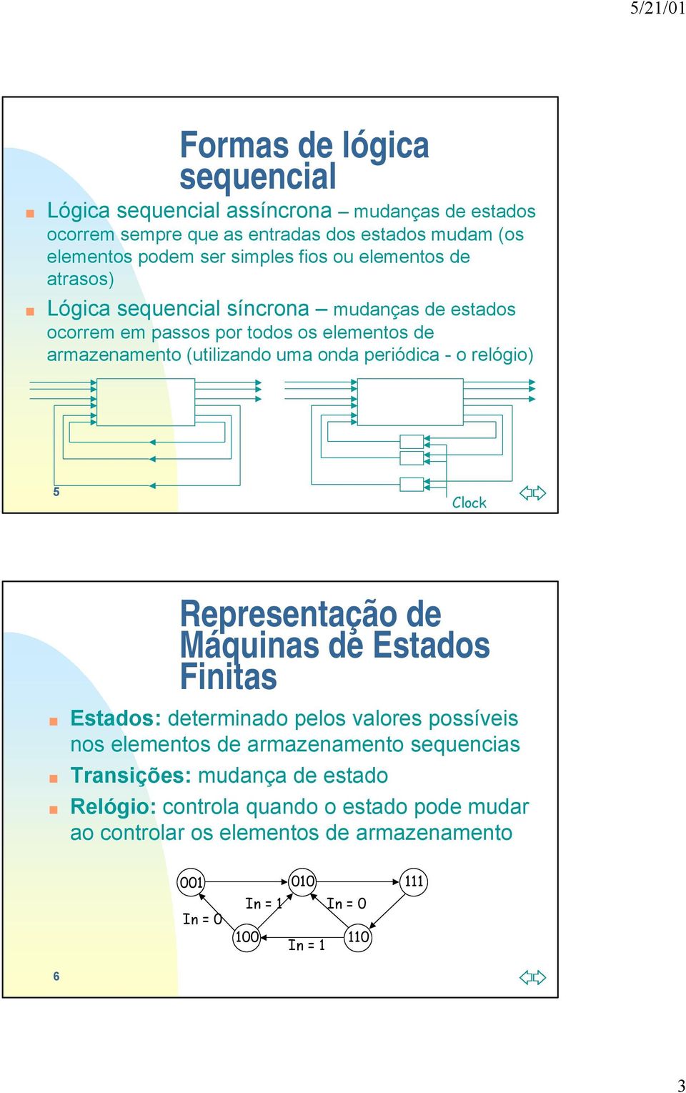 uma onda periódica - o relógio) 5 Clock Representação de Máquinas de Estados Finitas Estados: determinado pelos valores possíveis nos elementos de