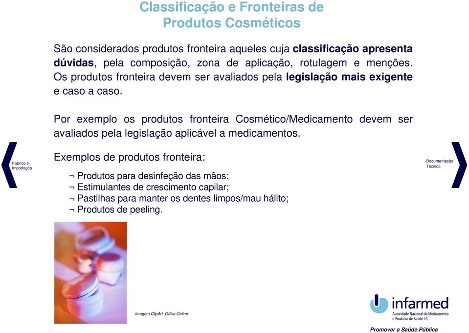 Fabrico e Importação Por exemplo os produtos fronteira Cosmético/Medicamento devem ser avaliados pela legislação aplicável a medicamentos.