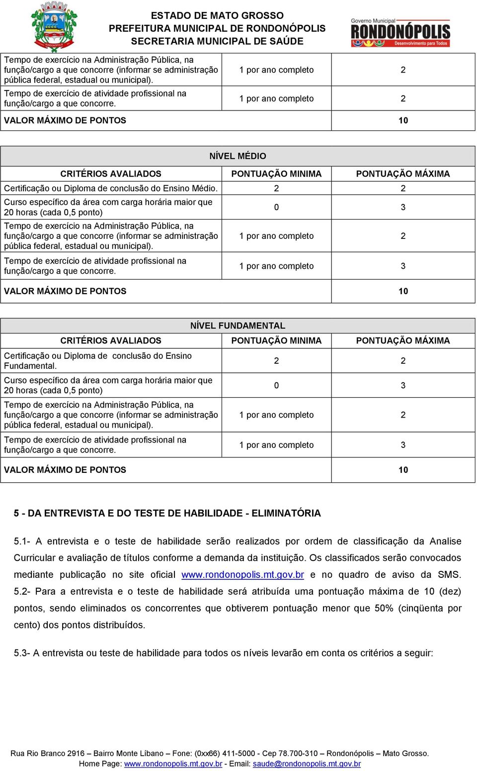 1 por ano completo 2 1 por ano completo 2 VALOR MÁXIMO DE PONTOS 10 NÍVEL MÉDIO CRITÉRIOS AVALIADOS PONTUAÇÃO MINIMA PONTUAÇÃO MÁXIMA Certificação ou Diploma de conclusão do Ensino Médio.