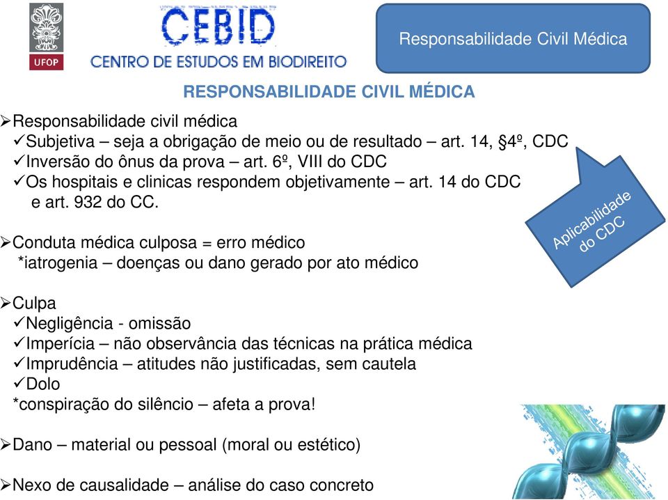 Conduta médica culposa = erro médico *iatrogenia doenças ou dano gerado por ato médico Culpa Negligência - omissão Imperícia não observância das técnicas