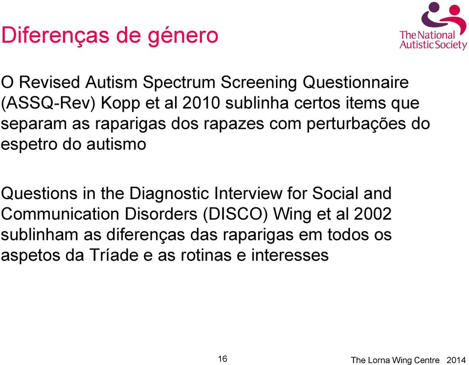 Questions in the Diagnostic Interview for Social and Communication Disorders (DISCO) Wing et al