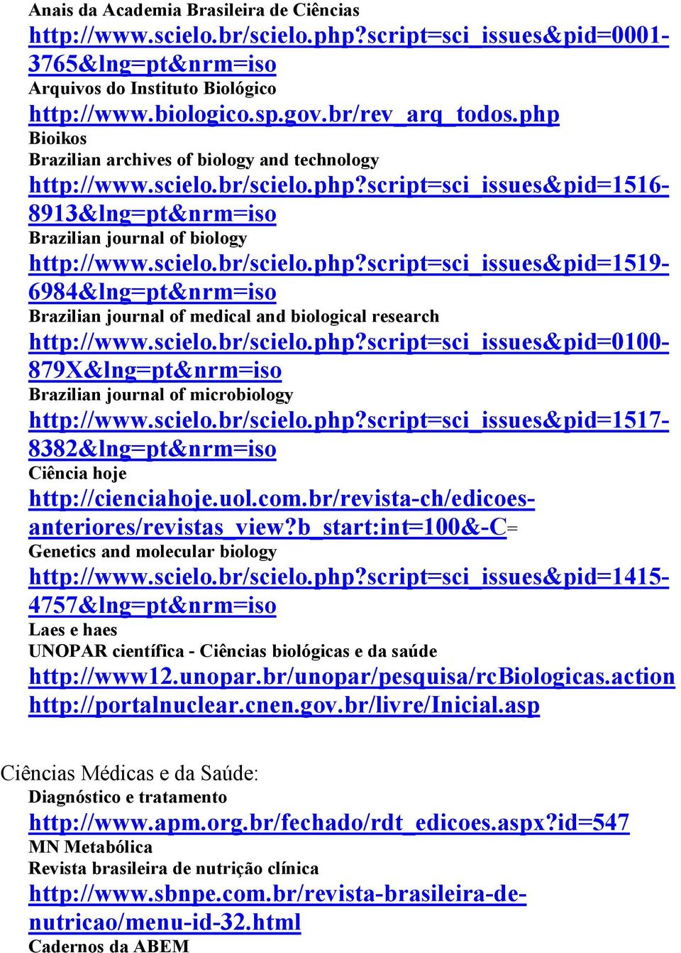 scielo.br/scielo.php?script=sci_issues&pid=0100-879x&lng=pt&nrm=iso Brazilian journal of microbiology http://www.scielo.br/scielo.php?script=sci_issues&pid=1517-8382&lng=pt&nrm=iso Ciência hoje http://cienciahoje.