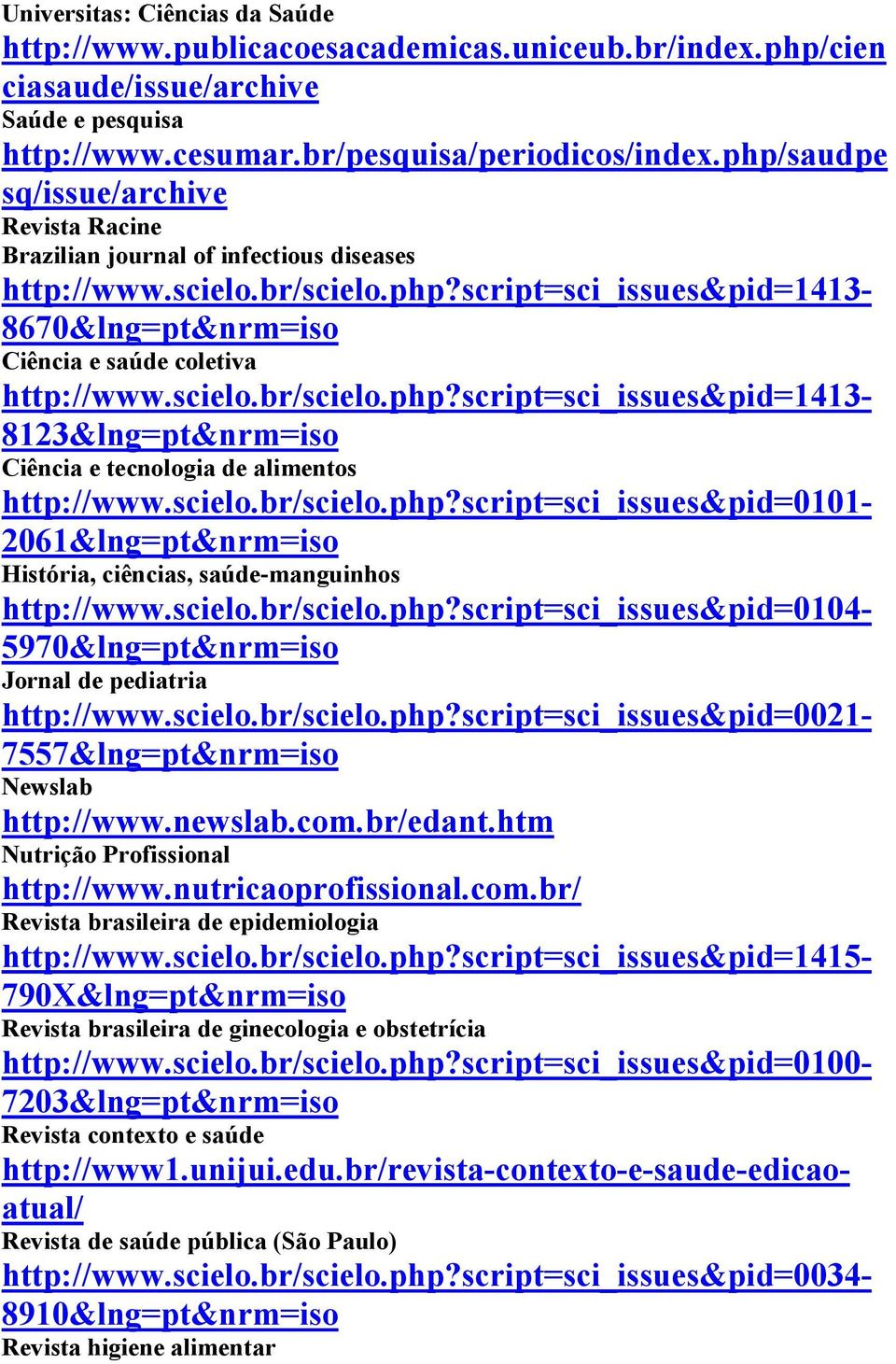 scielo.br/scielo.php?script=sci_issues&pid=1413-8123&lng=pt&nrm=iso Ciência e tecnologia de alimentos http://www.scielo.br/scielo.php?script=sci_issues&pid=0101-2061&lng=pt&nrm=iso História, ciências, saúde-manguinhos http://www.