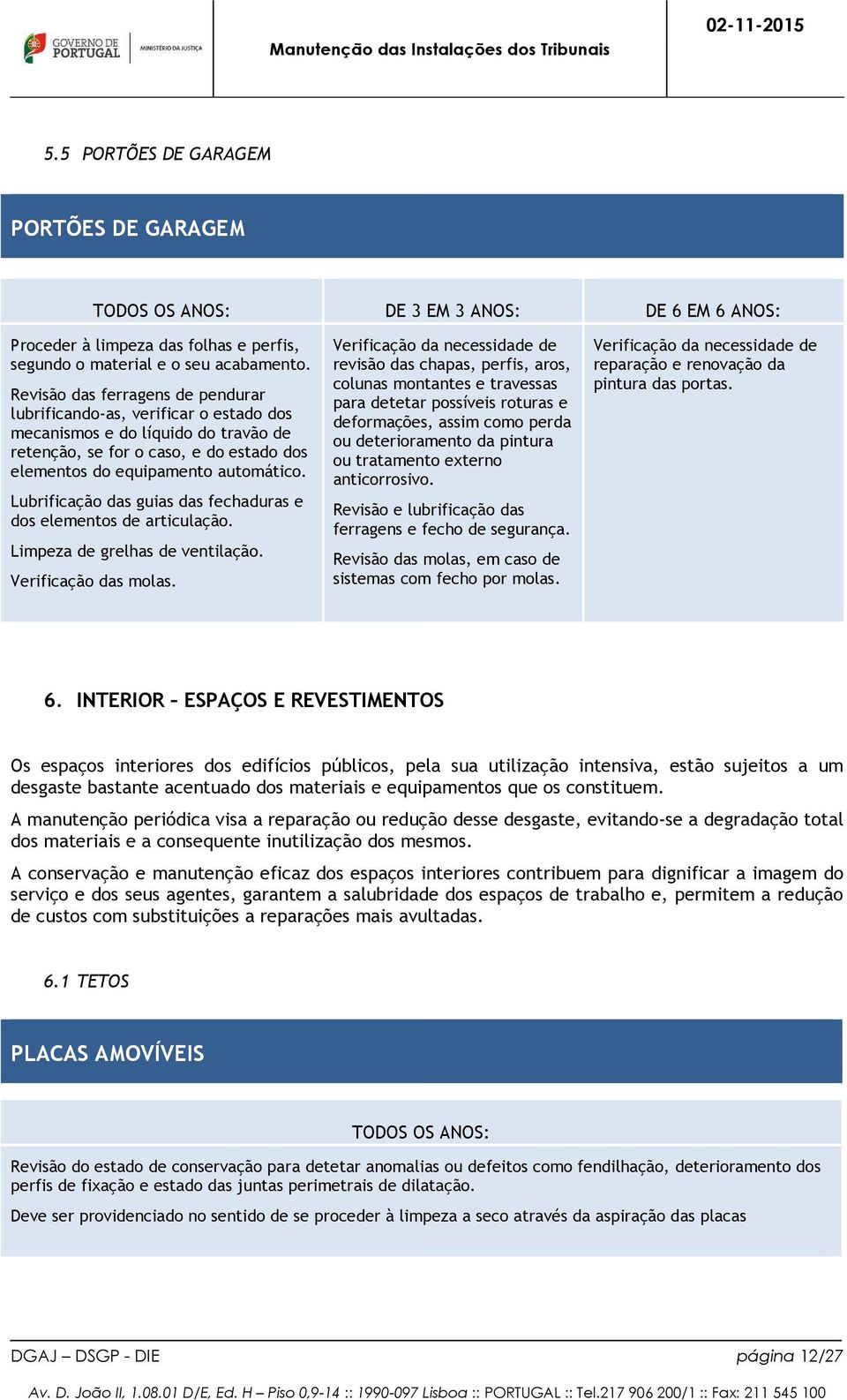 Lubrificação das guias das fechaduras e dos elementos de articulação. Limpeza de grelhas de ventilação. Verificação das molas.