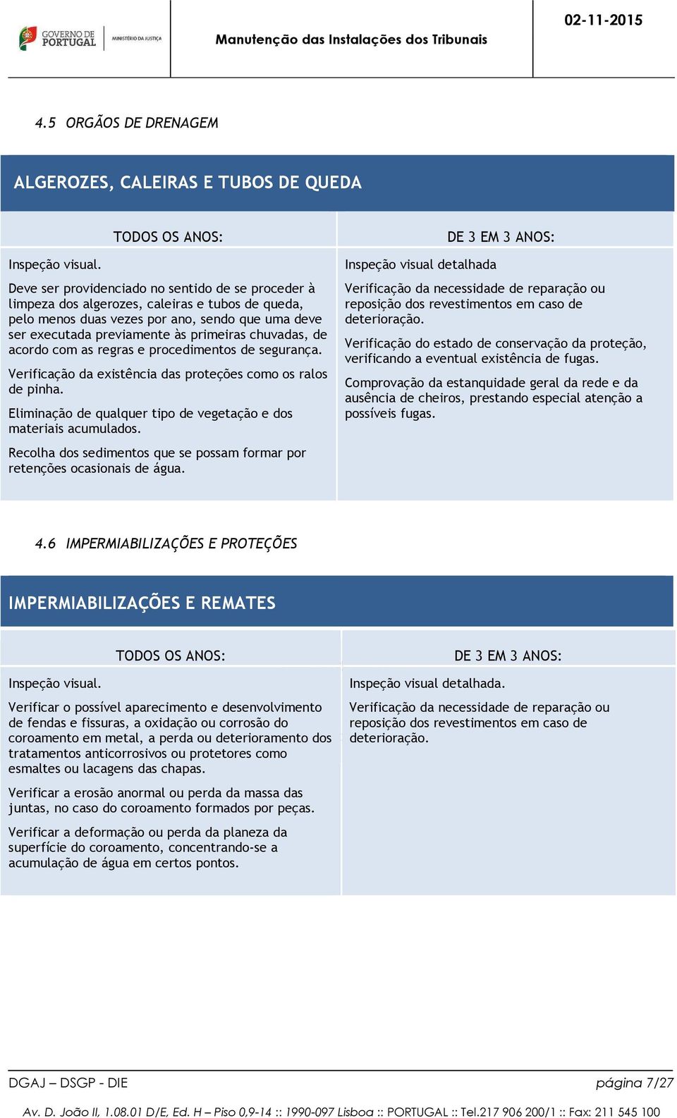 de acordo com as regras e procedimentos de segurança. Verificação da existência das proteções como os ralos de pinha. Eliminação de qualquer tipo de vegetação e dos materiais acumulados.