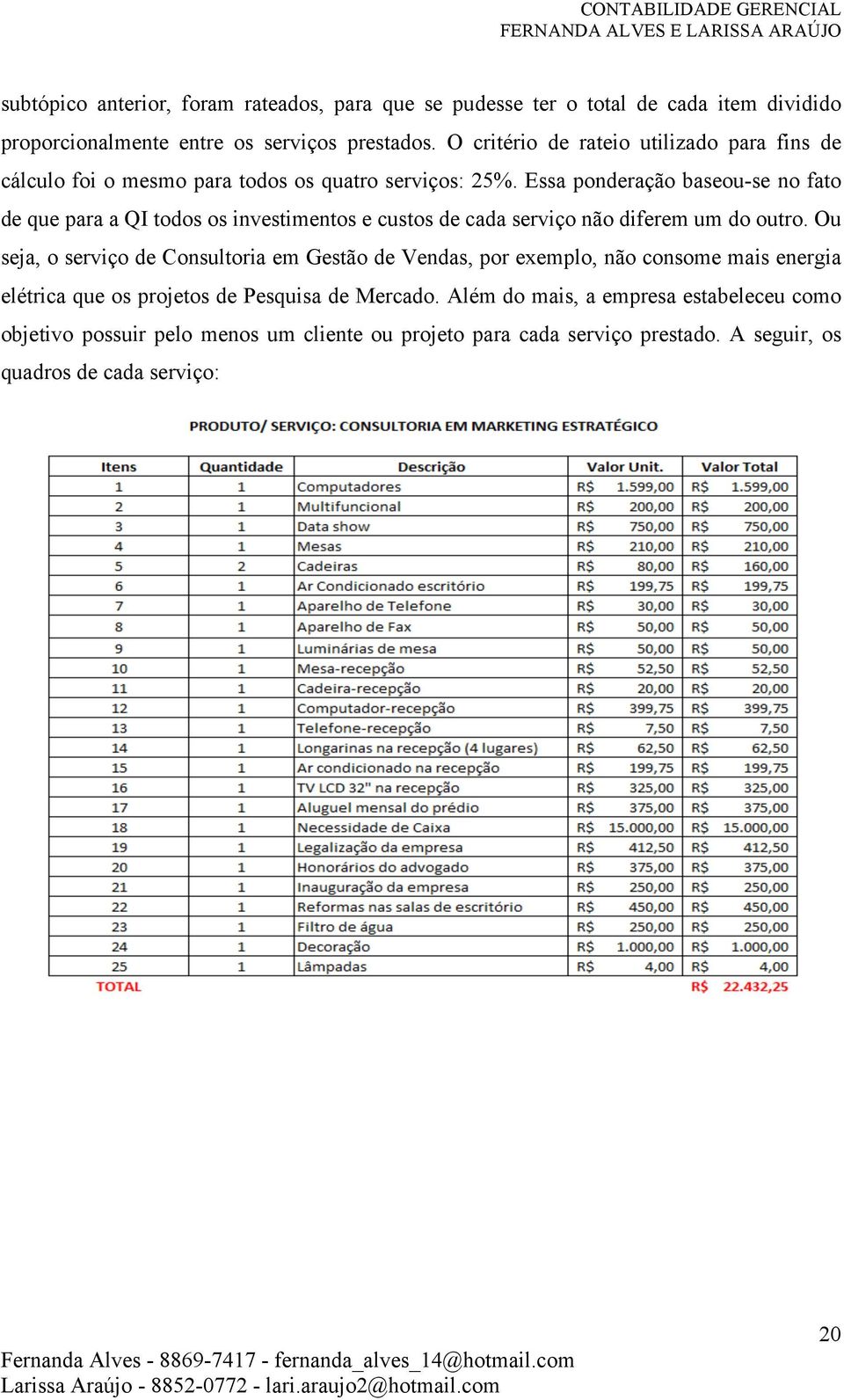 Essa ponderação baseou-se no fato de que para a QI todos os investimentos e custos de cada serviço não diferem um do outro.