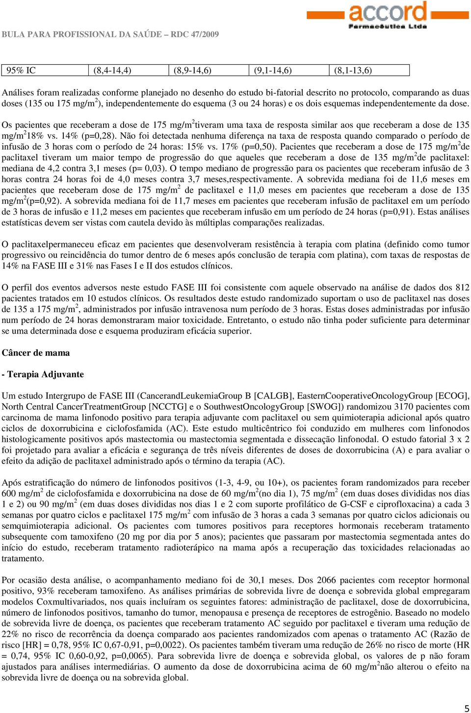 Os pacientes que receberam a dose de 175 mg/m 2 tiveram uma taxa de resposta similar aos que receberam a dose de 135 mg/m 2 18% vs. 14% (p=0,28).