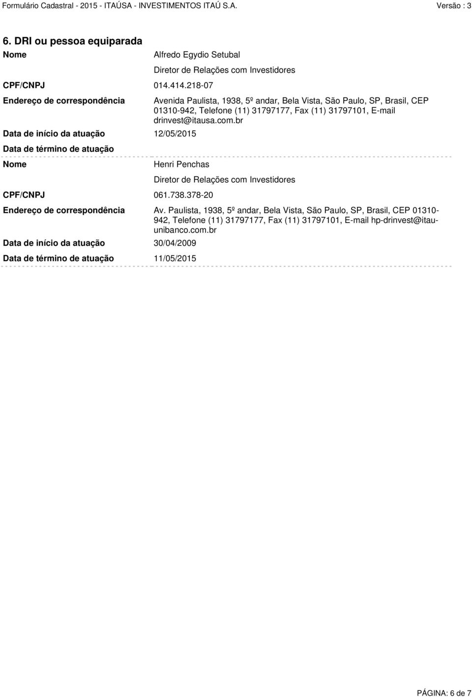 218-07 Endereço de correspondência Data de início da atuação 12/05/2015 Data de término de atuação Diretor de Relações com Investidores Avenida Paulista, 1938, 5º andar, Bela Vista,