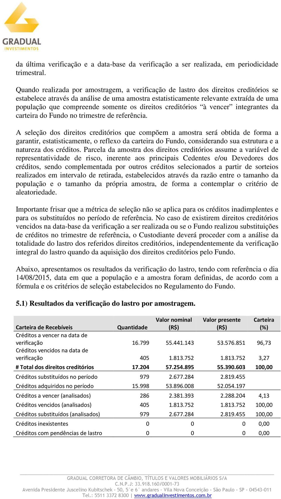 somente os direitos creditórios à vencer integrantes da carteira do Fundo no trimestre de referência.