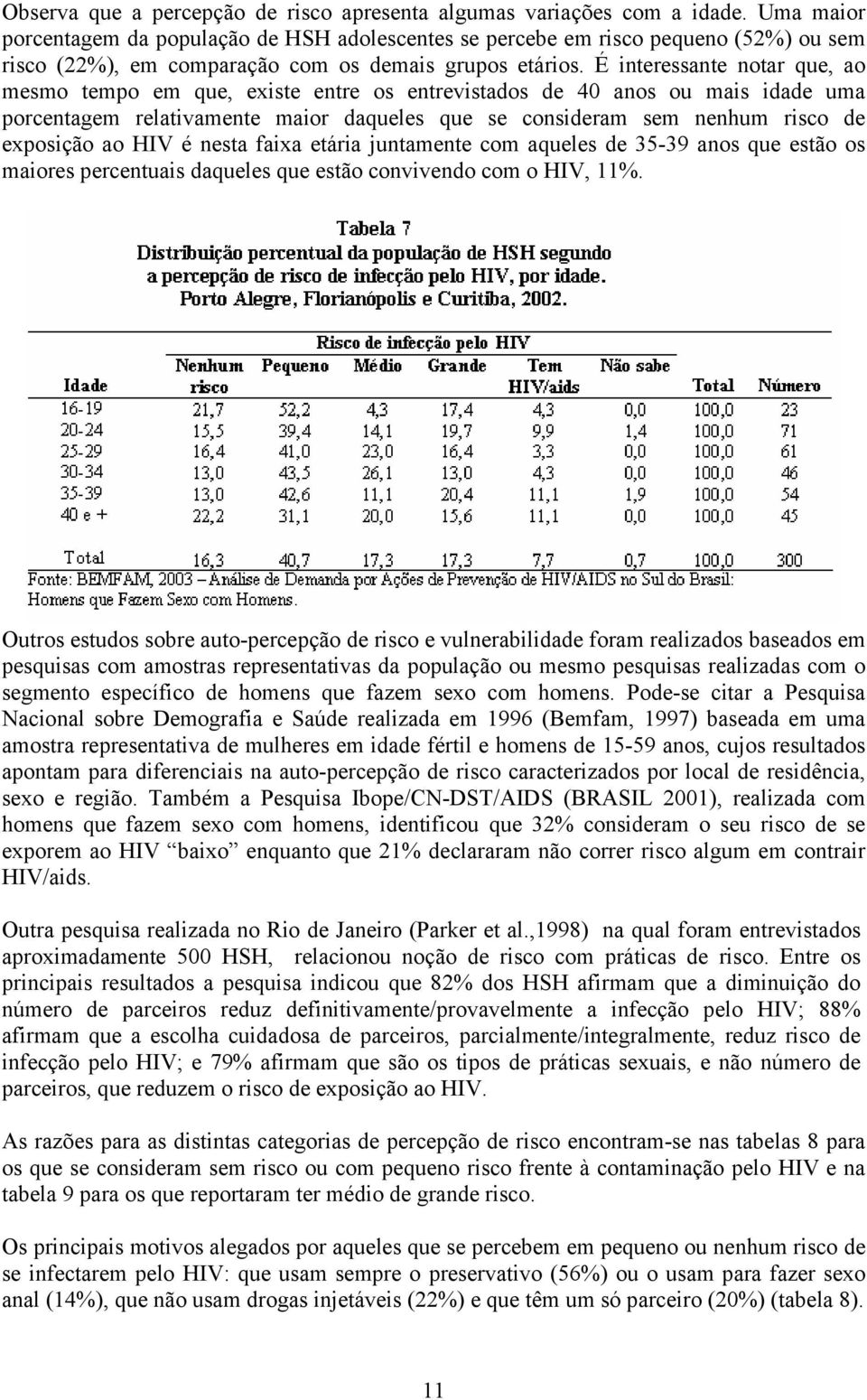 É interessante notar que, ao mesmo tempo em que, existe entre os entrevistados de 40 anos ou mais idade uma porcentagem relativamente maior daqueles que se consideram sem nenhum risco de exposição ao