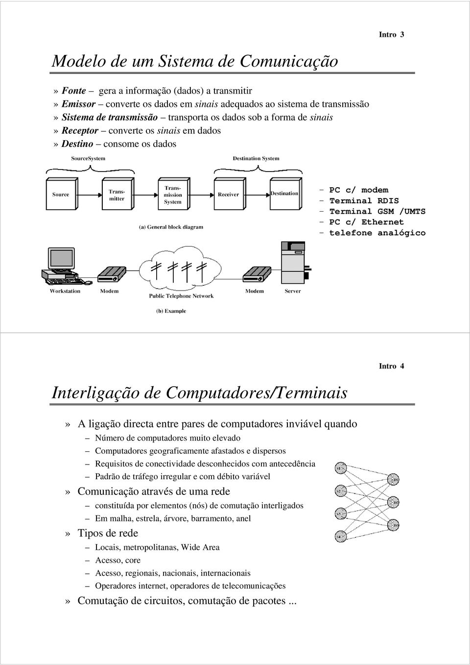 Computadores/Terminais» A ligação directa entre pares de computadores inviável quando Número de computadores muito elevado Computadores geograficamente afastados e dispersos Requisitos de