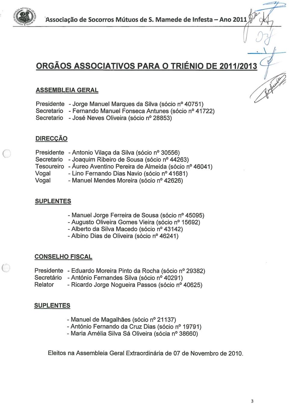 Antunes (sócio n 41722) - José Neves Oliveira (sócio n 28853) DIRECÇÃO Presidente Secretario Tesoureiro Vogal Vogal - Antonio Vilaça da Silva (sócio n 30556) - Joaquim Ribeiro de Sousa (sócio n