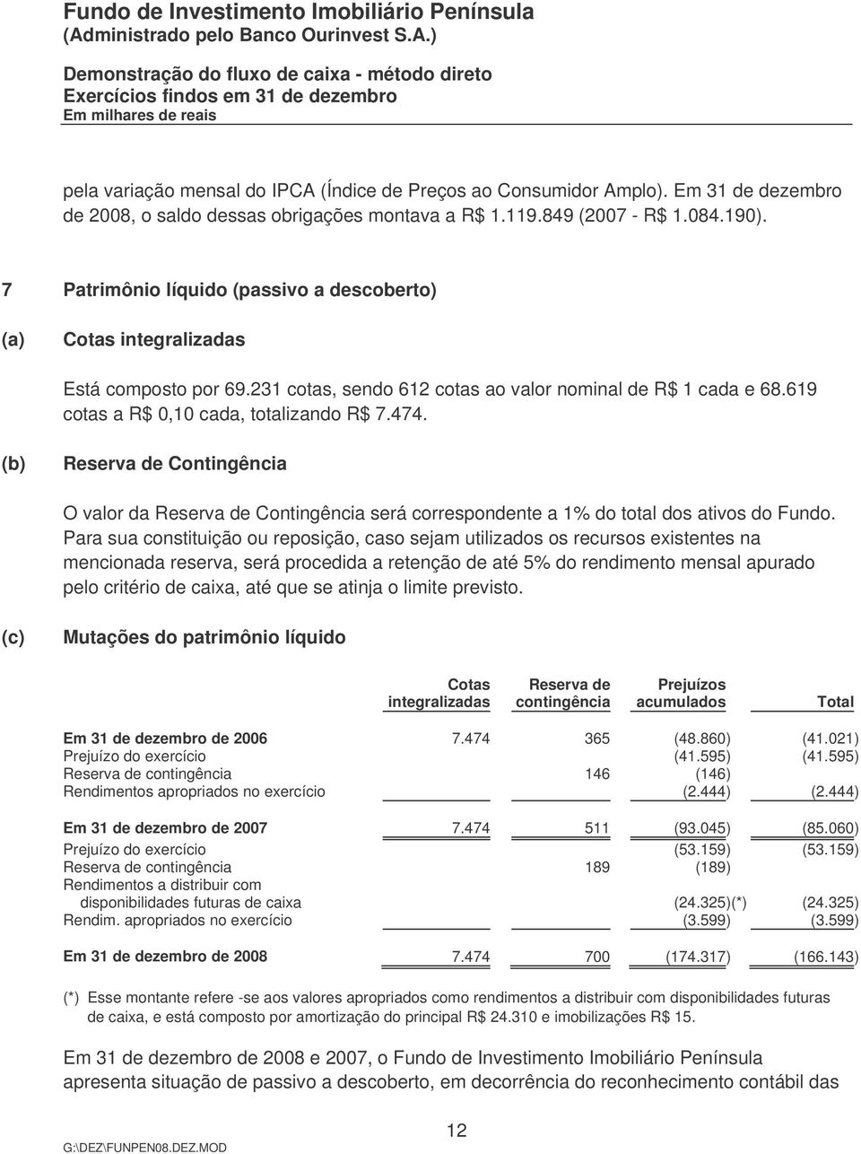 (b) Reserva de Contingência O valor da Reserva de Contingência será correspondente a 1% do total dos ativos do Fundo.