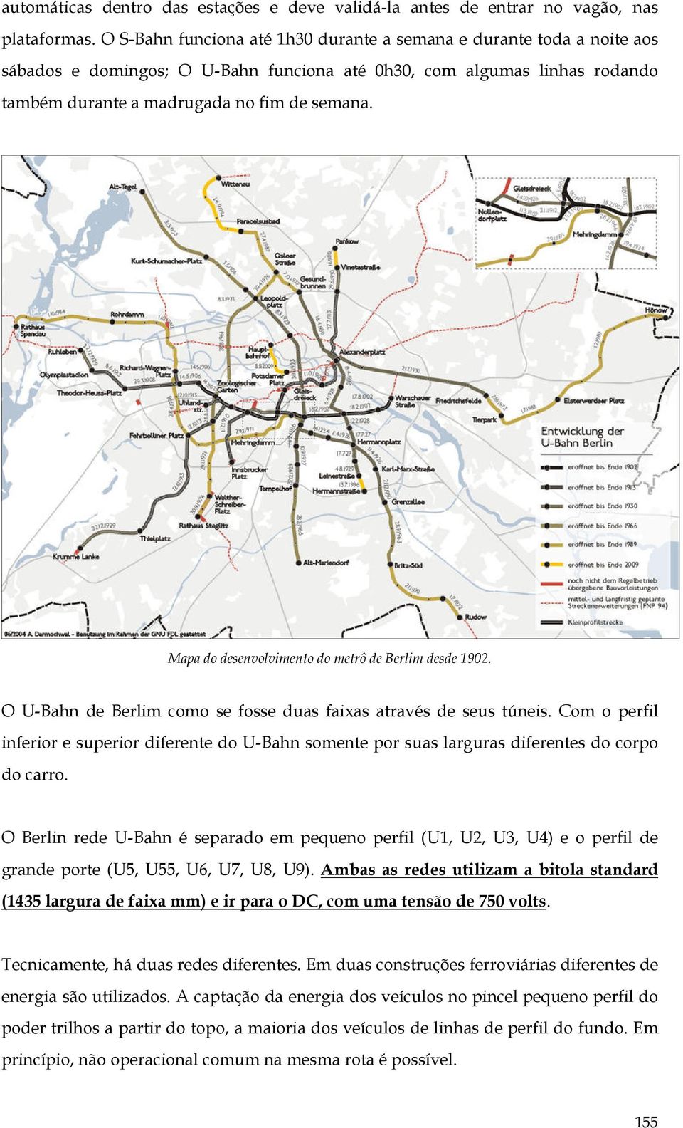 Mapa do desenvolvimento do metrô de Berlim desde 1902. O U-Bahn de Berlim como se fosse duas faixas através de seus túneis.