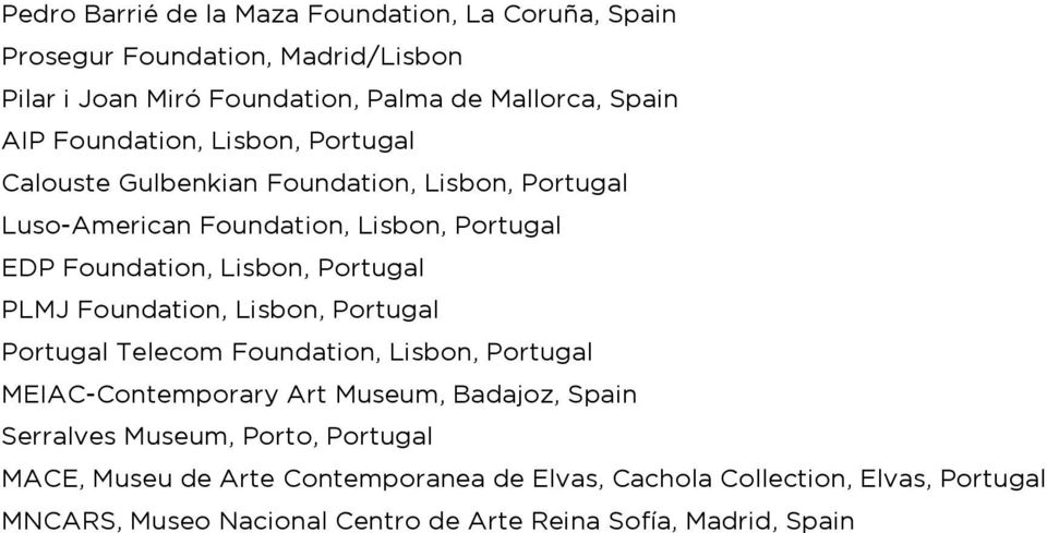 Lisbon, PLMJ Foundation, Lisbon, Telecom Foundation, Lisbon, MEIAC-Contemporary Art Museum, Badajoz, Serralves Museum,