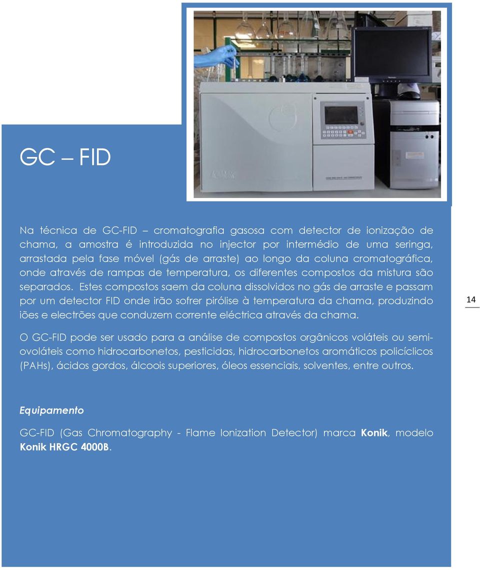 Estes compostos saem da coluna dissolvidos no gás de arraste e passam por um detector FID onde irão sofrer pirólise à temperatura da chama, produzindo iões e electrões que conduzem corrente eléctrica