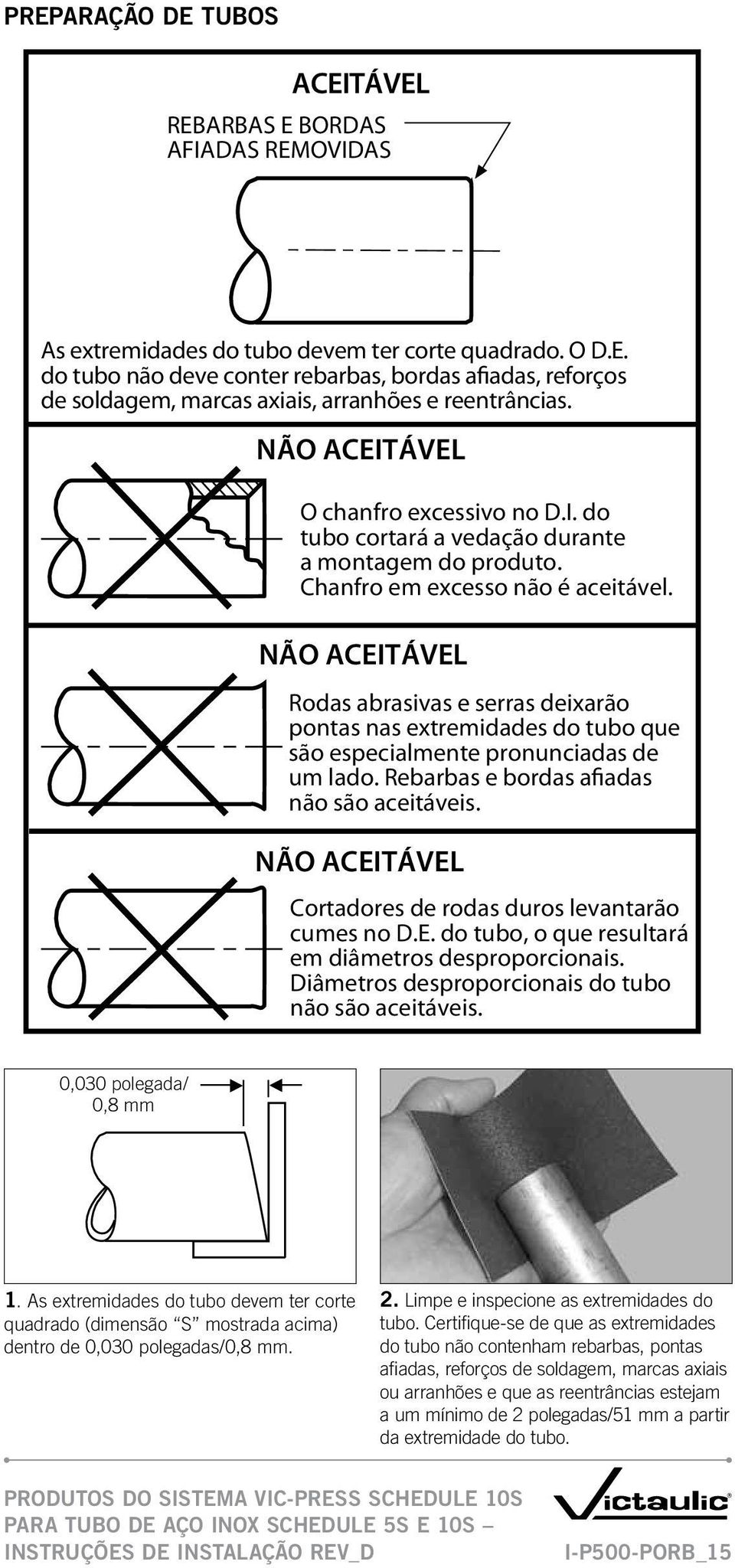 NÃO ACEITÁVEL Rodas abrasivas e serras deixarão pontas nas extremidades do tubo que são especialmente pronunciadas de um lado. Rebarbas e bordas afiadas não são aceitáveis.