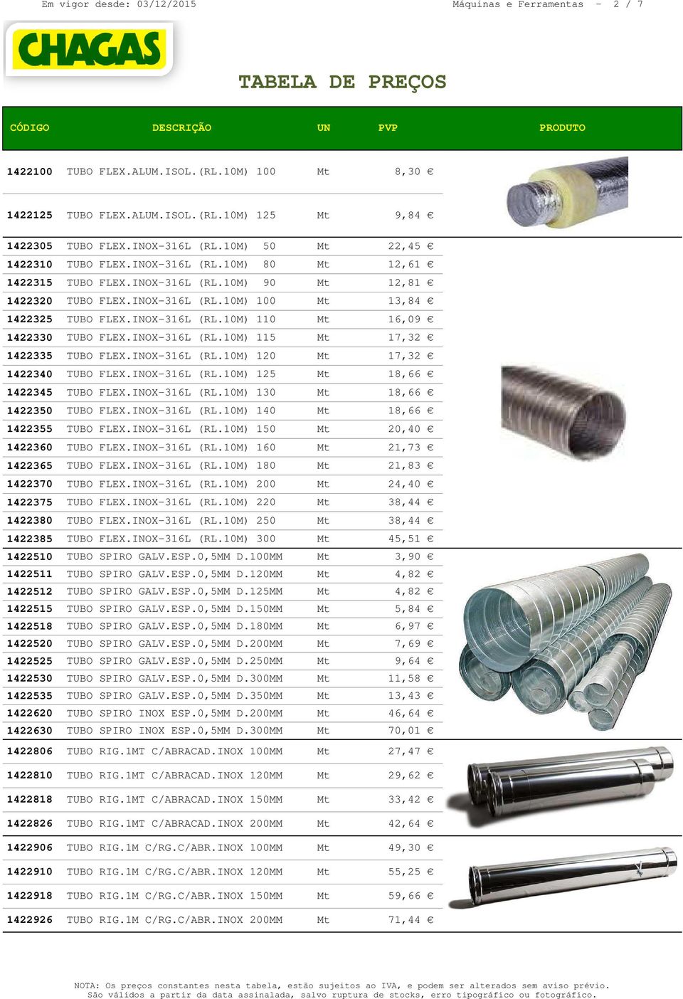 INOX-316L (RL.10M) 115 Mt 17,32 1422335 TUBO FLEX.INOX-316L (RL.10M) 120 Mt 17,32 1422340 TUBO FLEX.INOX-316L (RL.10M) 125 Mt 18,66 1422345 TUBO FLEX.INOX-316L (RL.10M) 130 Mt 18,66 1422350 TUBO FLEX.