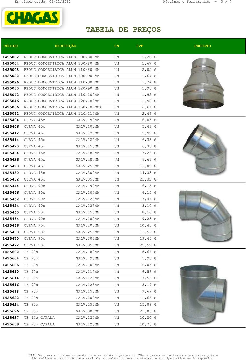 CONCENTRICA ALUM.120x100MM UN 1,98 1425056 REDUC.CONCENTRICA ALUM.150x100MM& UN 6,61 1425062 REDUC.CONCENTRICA ALUM.120x110MM UN 2,46 1425404 CURVA 45o GALV. 90MM UN 6,05 1425406 CURVA 45o GALV.