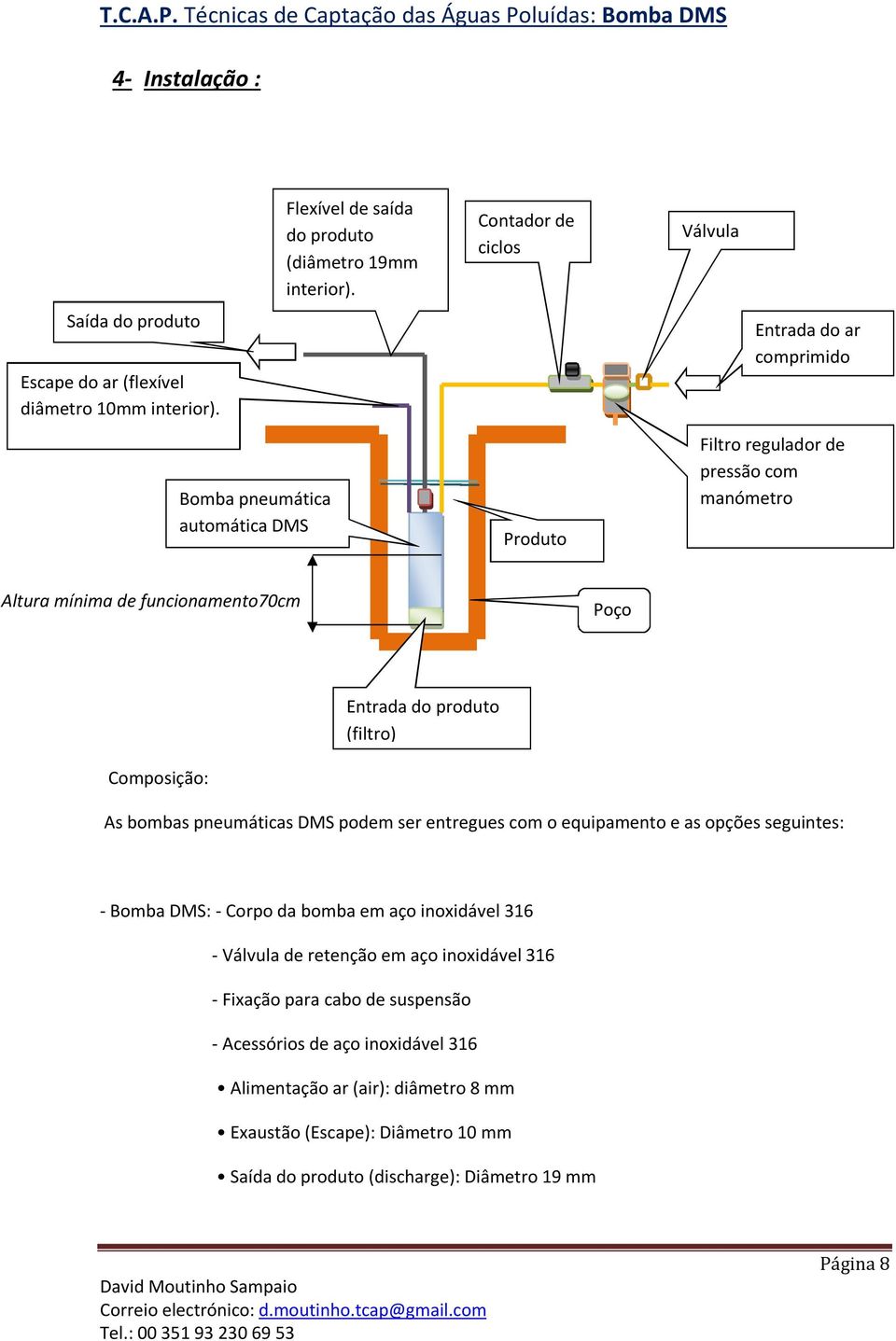 ComposiÅÇo: As bombas pneumäticas DMS podem ser entregues com o equipamento e as opåàes seguintes: - Bomba DMS: - Corpo da bomba em aåo inoxidävel 316 - VÄlvula de retenåço em aåo