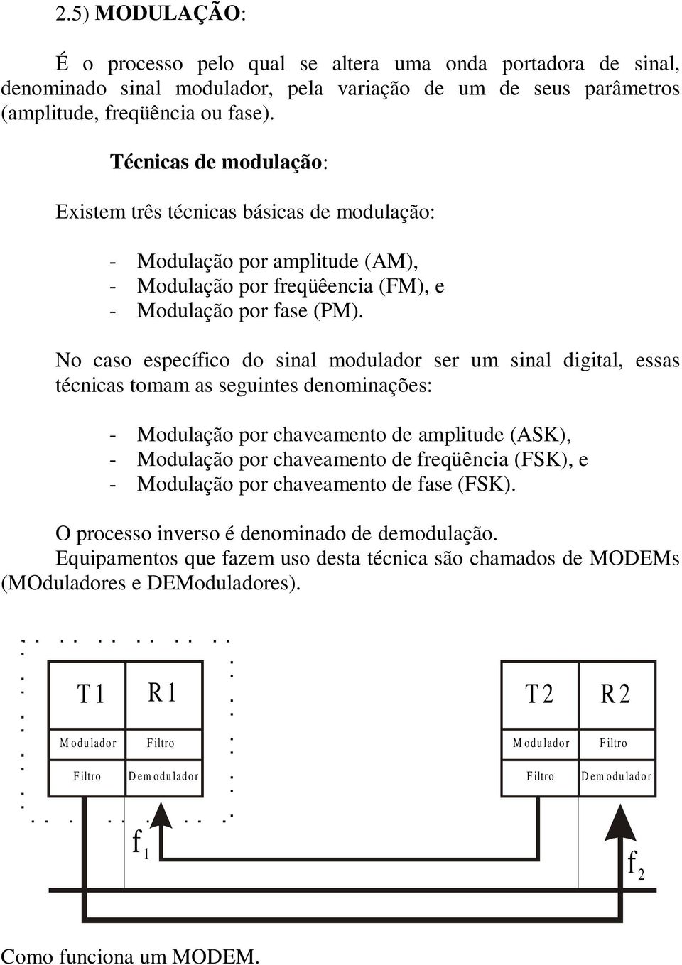 No caso específico do sinal modulador ser um sinal digital, essas técnicas tomam as seguintes denominações: - Modulação por chaveamento de amplitude (ASK), - Modulação por chaveamento de freqüência