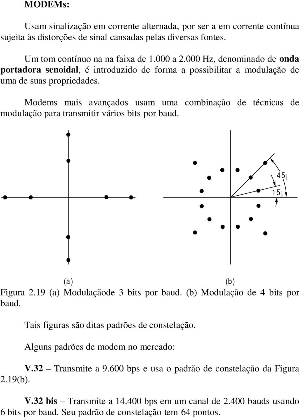 Modems mais avançados usam uma combinação de técnicas de modulação para transmitir vários bits por baud. 45 15 (a) Figura 2.19 (a) Modulaçãode 3 bits por baud. (b) Modulação de 4 bits por baud.