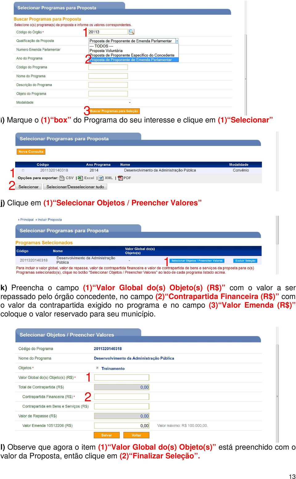 Financeira (R$) com o valor da contrapartida exigido no programa e no campo () Valor Emenda (R$) coloque o valor reservado para seu