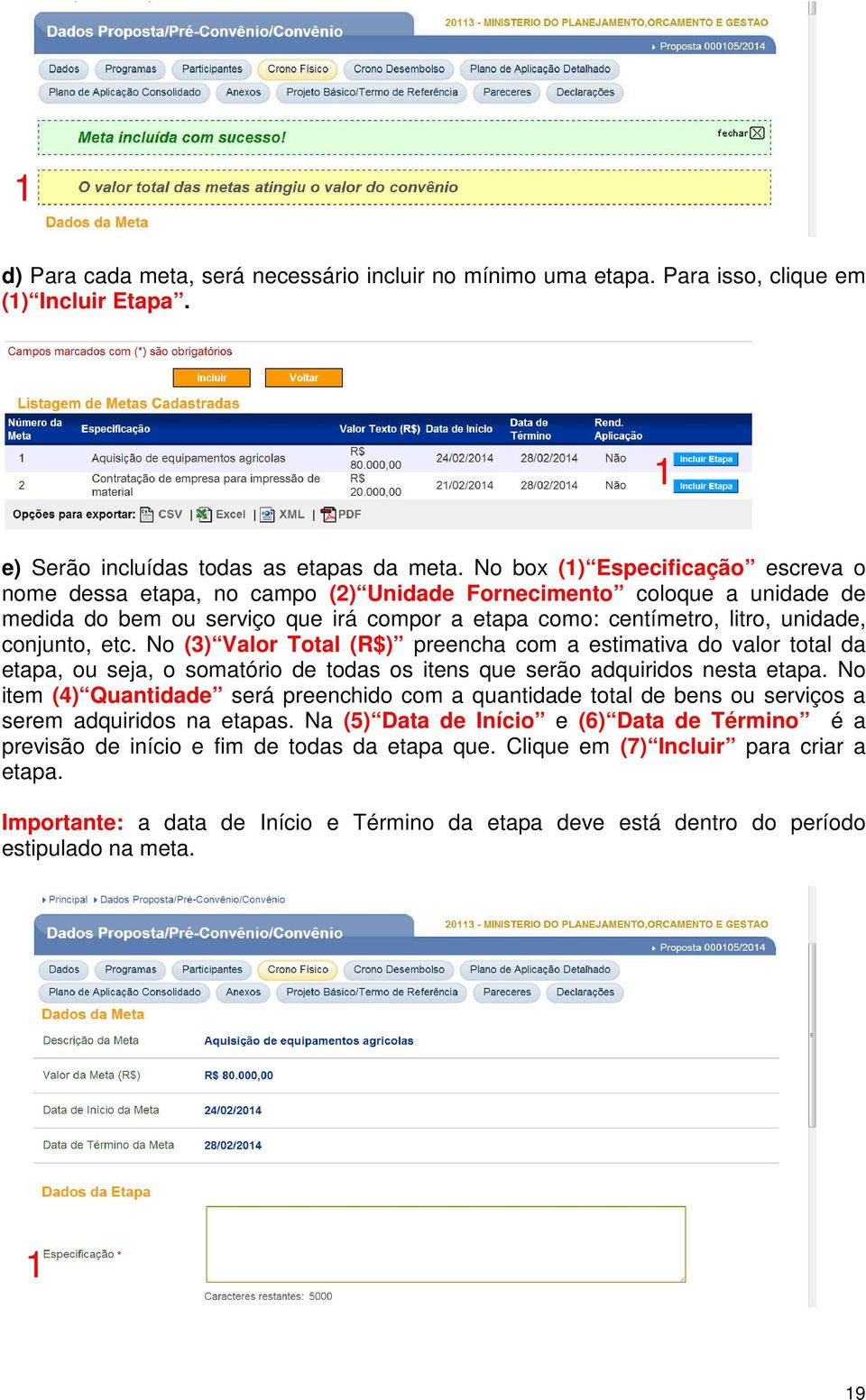 etc. No () Valor Total (R$) preencha com a estimativa do valor total da etapa, ou seja, o somatório de todas os itens que serão adquiridos nesta etapa.