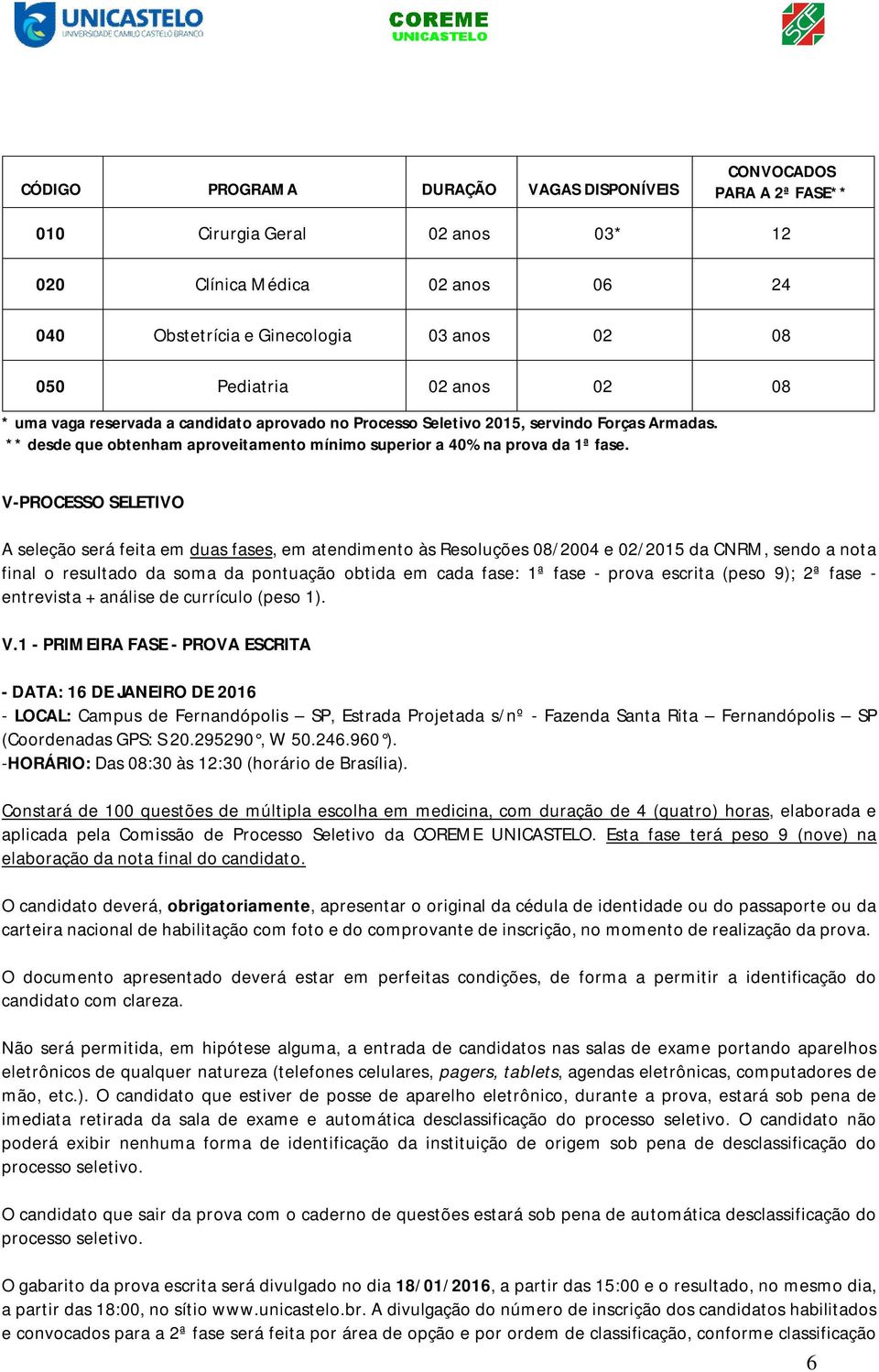 V-PROCESSO SELETIVO A seleção será feita em duas fases, em atendimento às Resoluções 08/2004 e 02/2015 da CNRM, sendo a nota final o resultado da soma da pontuação obtida em cada fase: 1ª fase -