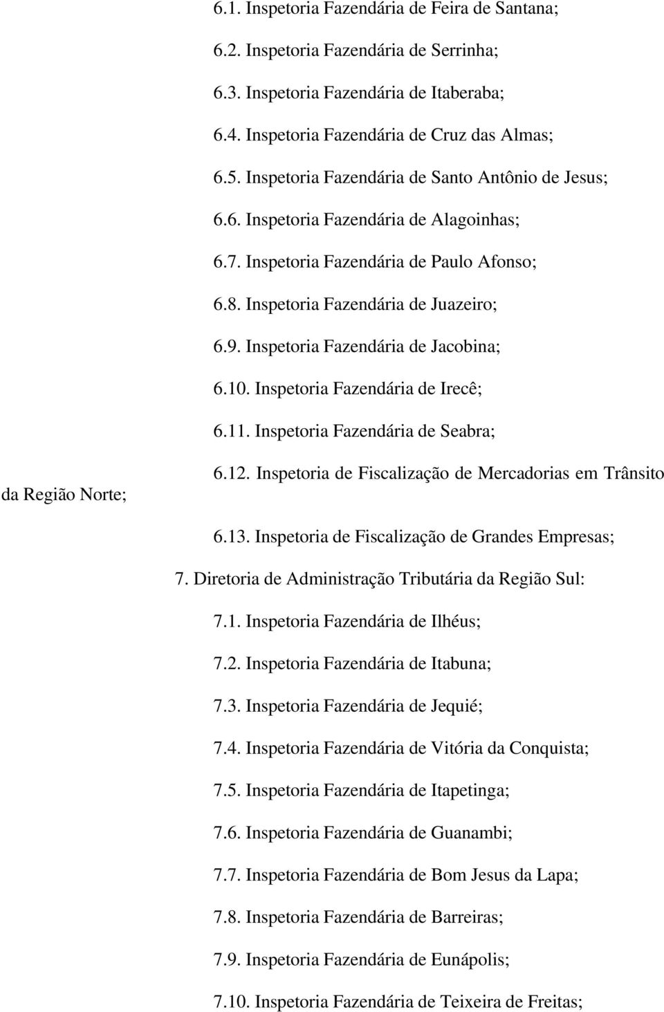 Inspetoria Fazendária de Jacobina; 6.10. Inspetoria Fazendária de Irecê; 6.11. Inspetoria Fazendária de Seabra; da Região Norte; 6.12. Inspetoria de Fiscalização de Mercadorias em Trânsito 6.13.