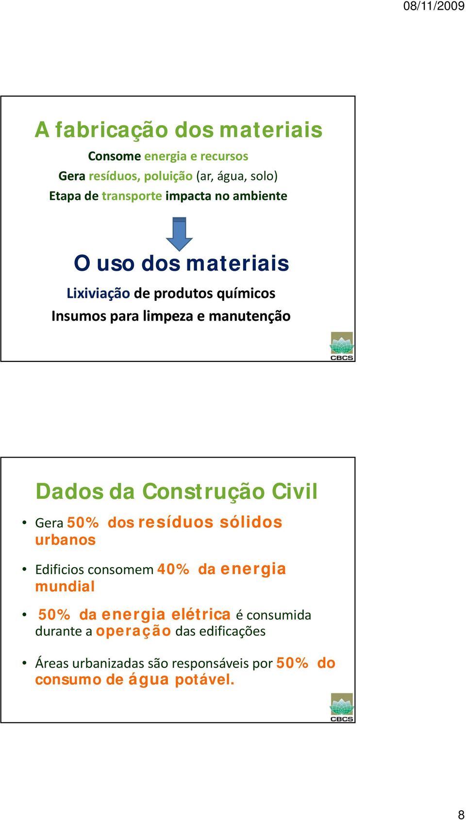 Construção Civil Gera 50% dos resíduos sólidos urbanos Edificios consomem 40% da energia mundial 50% da energia