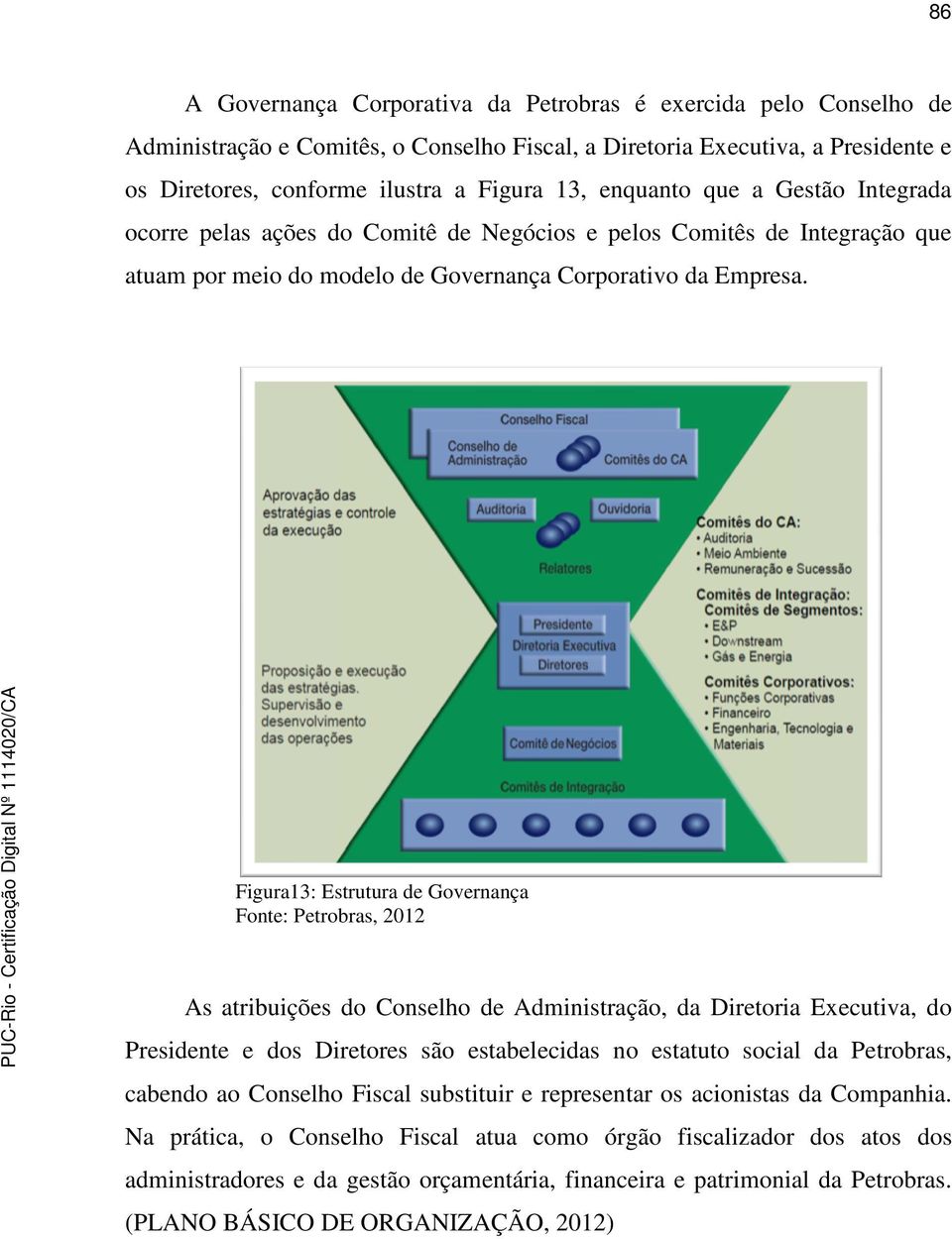 Figura13: Estrutura de Governança Fonte: Petrobras, 2012 As atribuições do Conselho de Administração, da Diretoria Executiva, do Presidente e dos Diretores são estabelecidas no estatuto social da