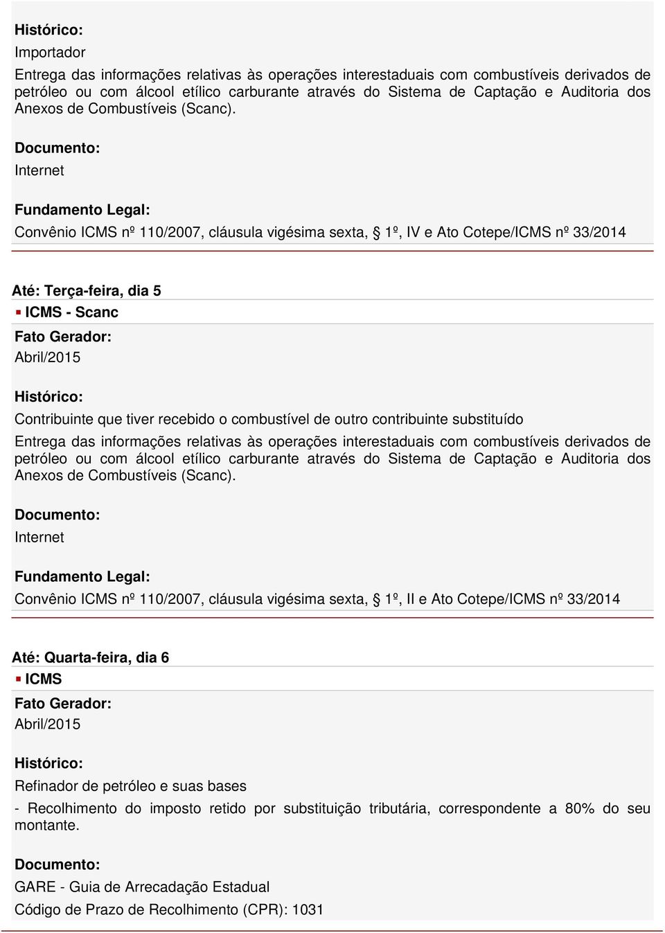 Convênio nº 110/2007, cláusula vigésima sexta, 1º, IV e Ato Cotepe/ nº 33/2014 Até: Terça-feira, dia 5 - Scanc Contribuinte que tiver recebido o combustível de outro contribuinte substituído Entrega