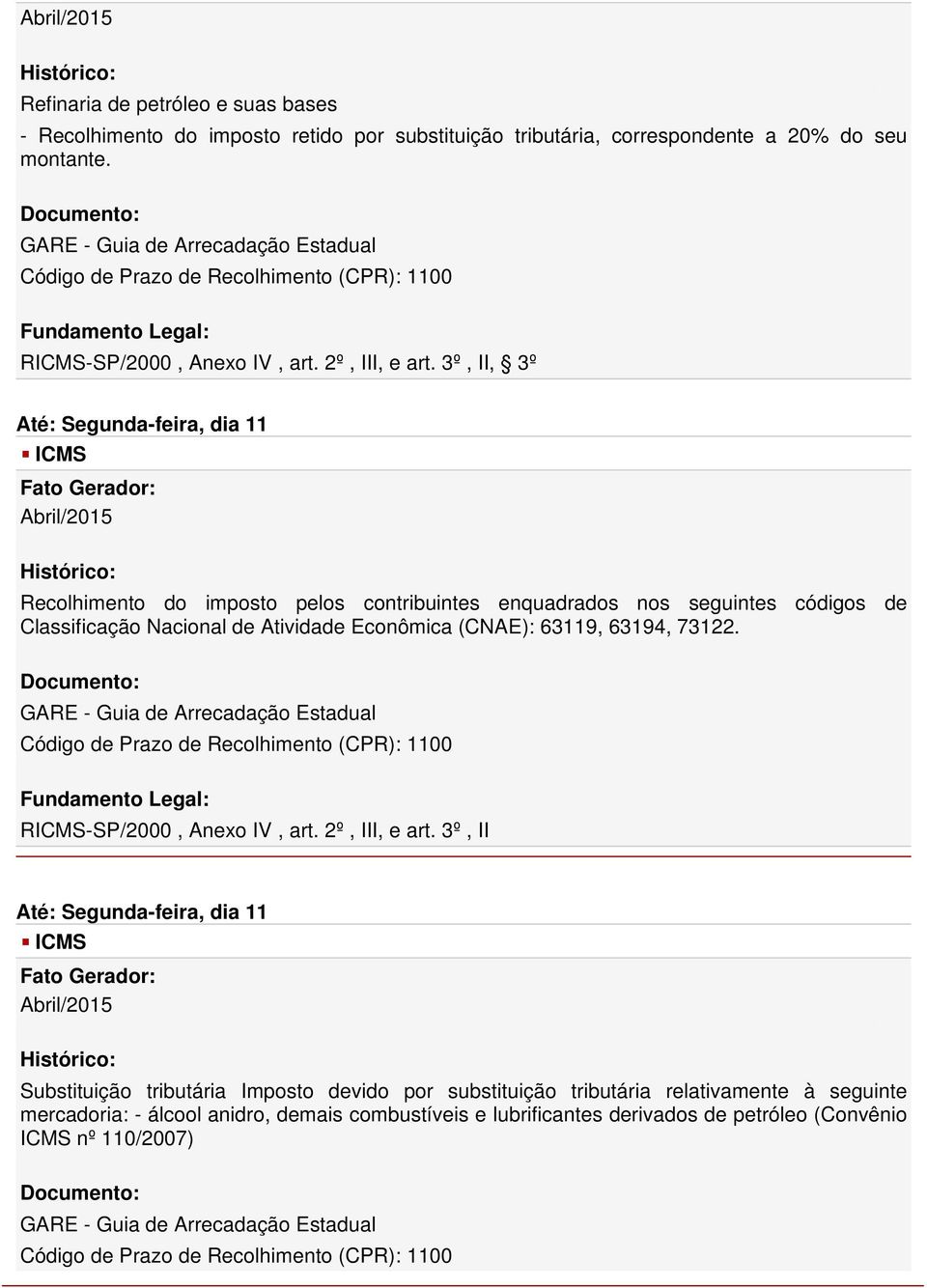 3º, II, 3º Até: Segunda-feira, dia 11 Recolhimento do imposto pelos contribuintes enquadrados nos seguintes códigos de Classificação Nacional de Atividade Econômica (CNAE): 63119, 63194, 73122.