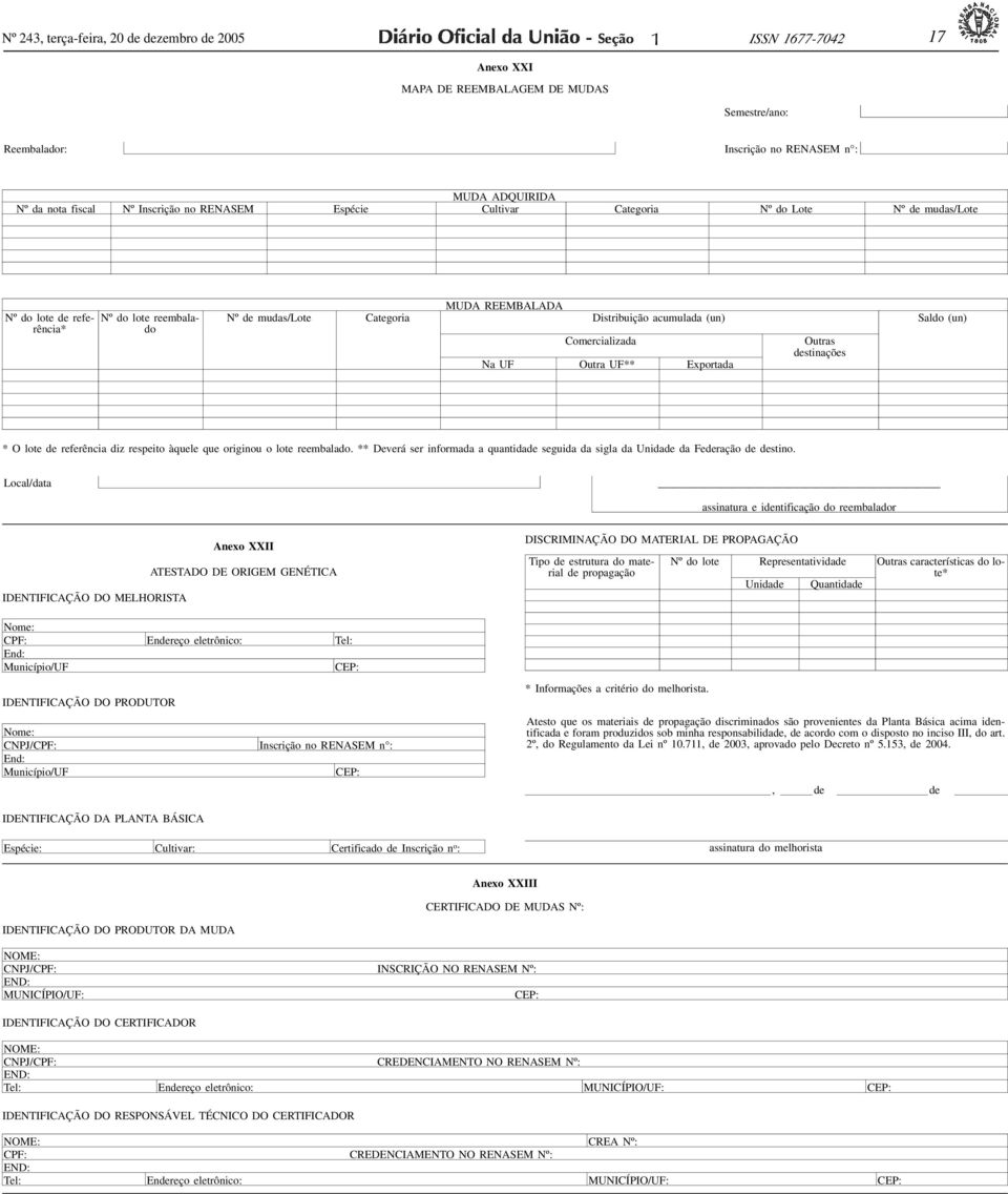 de mudas/lote Nº do lote de referência* Nº do lote reembalado MUDA REEMBALADA Nº de mudas/lote Categoria Distribuição acumulada (un) Saldo (un) Comercializada Na UF Outra UF** Exportada Outras