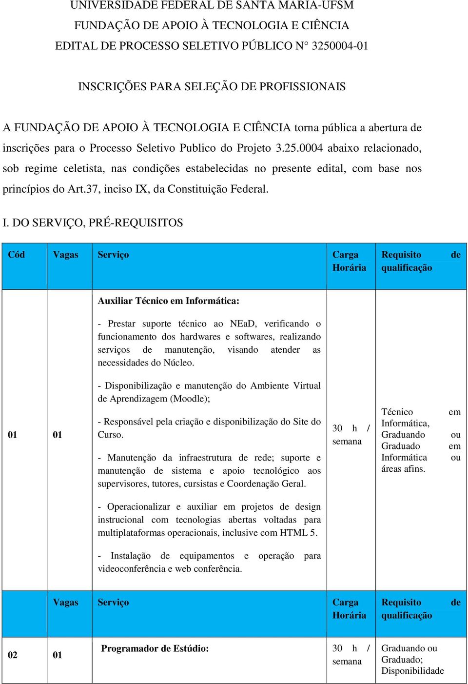 0004 abaixo relacionado, sob regime celetista, nas condições estabelecidas no presente edital, com base nos princípios do Art.37, inciso IX