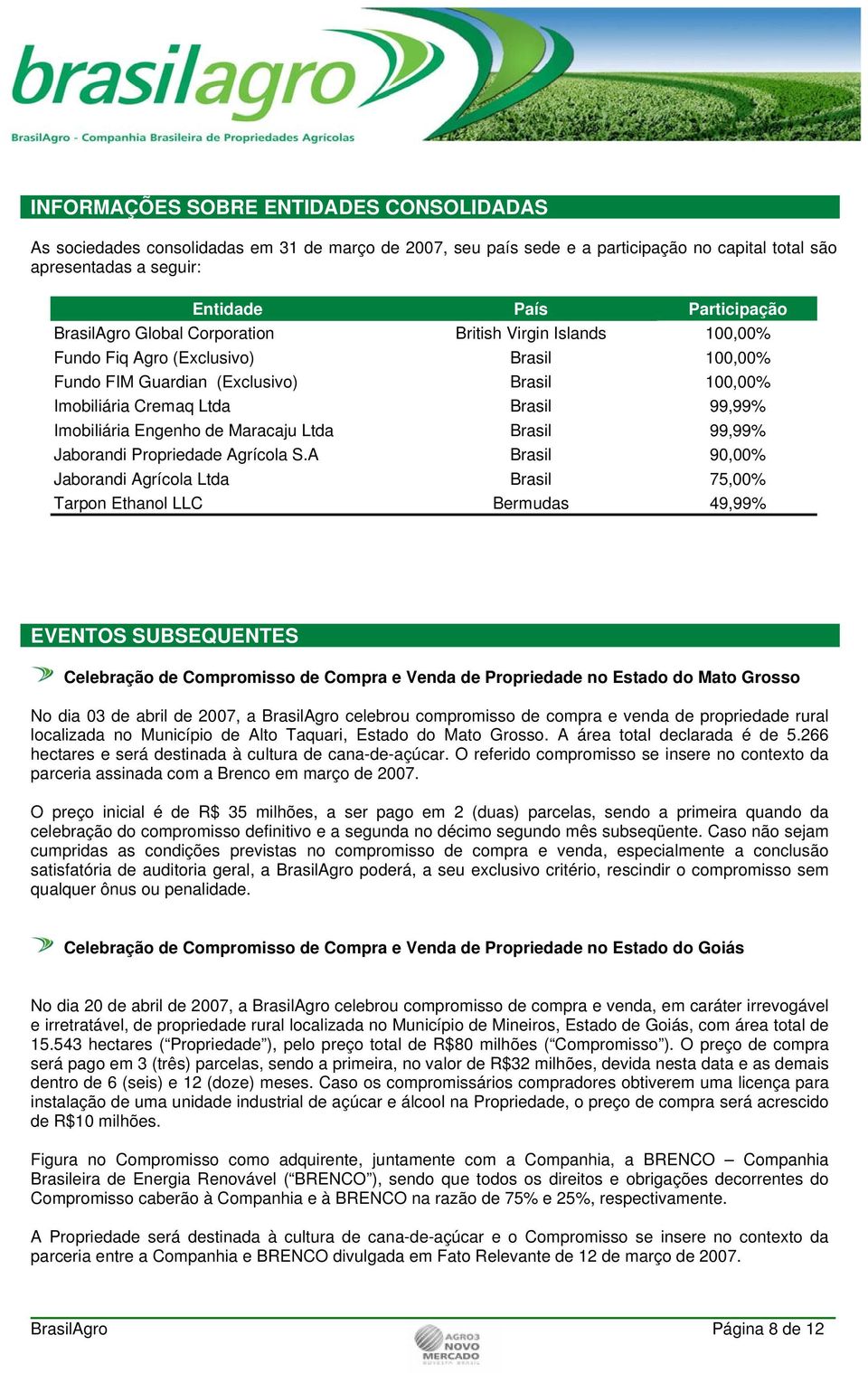Engenho de Maracaju Ltda Brasil 99,99% Jaborandi Propriedade Agrícola S.